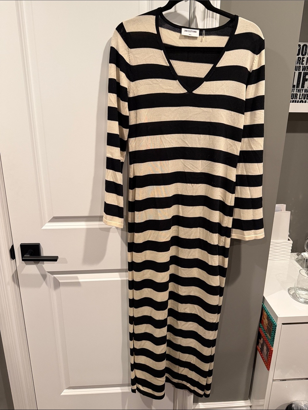 LNA Black and Cream Striped V-Neck Maxi Dress